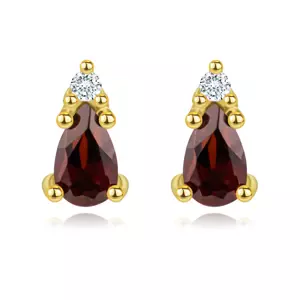 Zlaté náušnice 14K s granátom v tvare slzy a diamantom