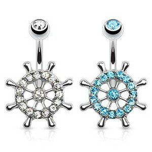 Piercing do pupka z chirurgickej ocele, lodné kormidlo zdobené zirkónmi - Farba zirkónu: Aqua modrá - Q