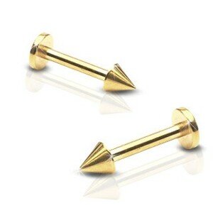 Lesklý oceľový piercing do brady - labret s hrotom, zlatá farba - Rozmer: 1,6 mm x 10 mm