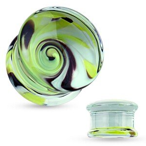 Číry plug do ucha z pyrexového skla, motív víru žltej, čiernej a bielej farby - Hrúbka: 12 mm