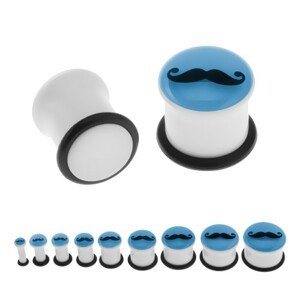 Biely piercing do ucha - plug, fúzy, gumička, modrá predná časť žiariaca v tme - Hrúbka: 16 mm