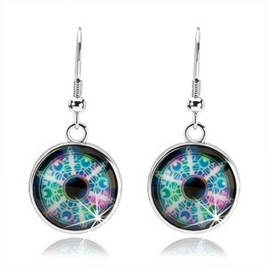 Cabochon náušnice, strieborná farba, rôznofarebný kaleidoskop, kruhy