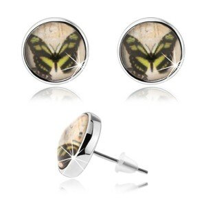 Cabochon náušnice, číra glazúra, obrázok motýľa, puzetky