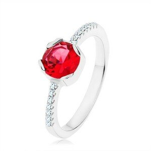 Strieborný 925 prsteň, okrúhly červený zirkón, úzke ramená, číre zirkóny - Veľkosť: 54 mm