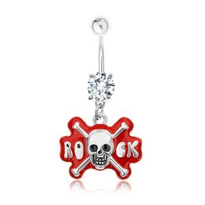 Piercing do pupku, chirurgická oceľ, zirkón, lebka, nápis ROCK