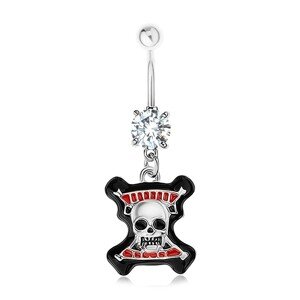 Piercing do pupku, oceľ 316L, číry zirkón, lebka, čierny lem, červené prúžky