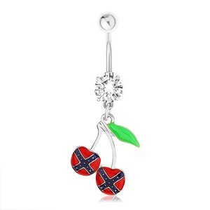 Oceľový piercing do pupka, čerešničky, vlajka konfederácie, zelený list