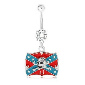 Piercing do brucha, oceľ 316L, zirkón, konfederačná vlajka, lebka