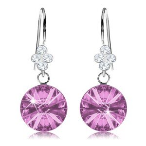 Strieborné náušnice 925, okrúhly Swarovski krištáľ ametystovej farby, 11 mm