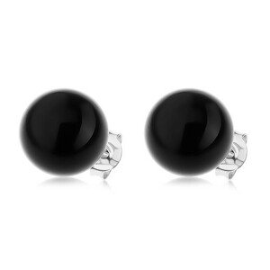 Náušnice zo striebra 925, lesklá guľatá perla čiernej farby, 10 mm