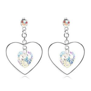 Strieborné 925 náušnice, svetložltý krištáľ Swarovski v tenkej kontúre srdca