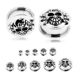 Tunel plug do ucha z ocele 316L, strieborná farba, vypuklá patinovaná lebka - Hrúbka: 19 mm