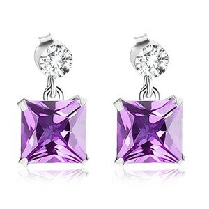 Náušnice zo striebra 925, číry krištáľ Swarovski, fialový zirkónový štvorec