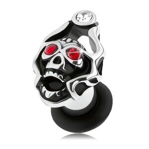 Plug do ucha z ocele 316L, lebka s korunou, zirkóny červenej a čírej farby - Hrúbka: 8 mm