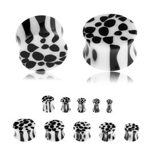 Sedlový plug do ucha z akrylu, čierno-biely leopardí vzor - Hrúbka: 11 mm