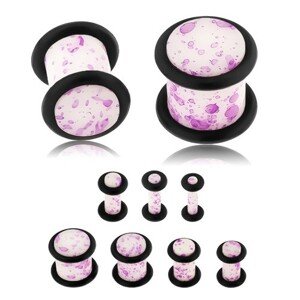 Plug do ucha, akryl, biely povrch s fialovými škvrnami, čierne gumičky - Hrúbka: 4 mm