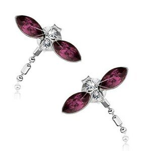 Strieborné náušnice 925, vážky, fialové krídla zo Swarovski krištáľov, visiaci chvost