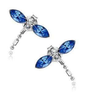 Puzetové náušnice, striebro 925, vážky s modrými krídlami, Swarovski krištále