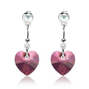 Náušnice, striebro 925, srdce - Swarovski krištáľ fialovej farby, okrúhly krištálik
