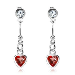 Náušnice zo striebra 925, červené srdce, palička s guličkou, číry Swarovski krištáľ