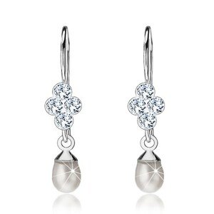 Strieborné náušnice 925, štyri číre Swarovski krištále - lístok, biela oválna perla