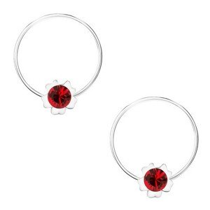 Okrúhle náušnice, striebro 925, červený kvietok, krištálik Swarovski