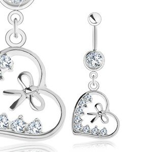 Piercing do brucha, chirurgická oceľ, kontúra srdiečka, mašľa, číre zirkóny