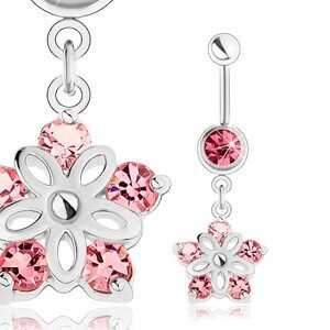 Oceľový piercing do pupka, strieborný odtieň, ligotavý kvietok, ružové zirkóny