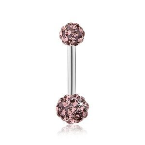 Piercing do bruška z chirurgickej ocele, guličky zdobené fialovými zirkónmi