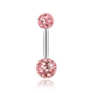 Piercing do pupka, oceľ 316L, ružové guličky, ligotavé zirkóny, glazúra