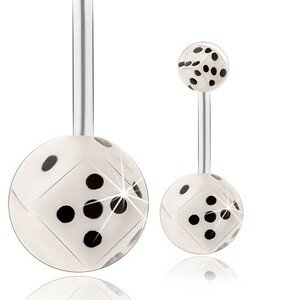 Oceľový piercing do brucha, guličky - biela hracia kocka v čírej glazúre