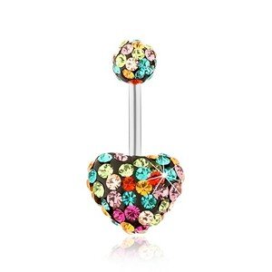 Piercing do pupka, oceľ 316L, rôznofarebné zirkóny, srdce, gulička
