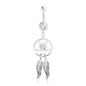 Oceľový piercing do brucha, lapač snov - pentagram, pierka, číre zirkóny