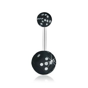 Oceľový piercing do pupku, čierna hracia kocka v čírej guličke, glazúra