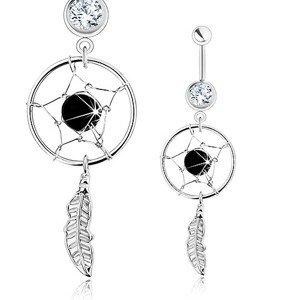 Piercing do bruška, chirurgická oceľ, lapač snov, číry zirkón, čierna korálka