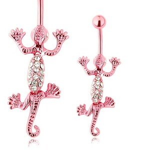 Piercing do brucha z chirurgickej ocele, ružová pohyblivá jašterica, číre zirkóny