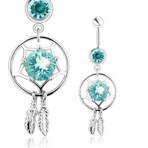 Piercing z ocele 316L, lapač snov, svetlomodrý zirkón, dve gravírované pierka