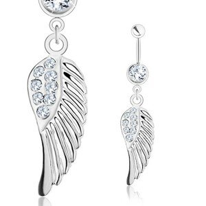 Piercing do brucha - oceľ 316L, anjelské krídlo s čírymi zirkónikmi, strieborný odtieň