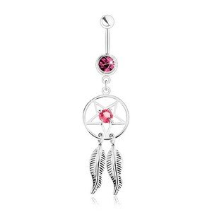 Piercing do pupku z ocele 316L, lapač snov, pentagram, fuksiový a ružový zirkón