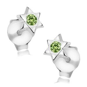 Strieborné 925 náušnice, Dávidova hviezda, okrúhly zelený Swarovski krištáľ