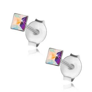 Strieborné 925 náušnice, dúhový Swarovského krištálik - štvorec, 3 mm