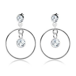 Strieborné 925 náušnice, číry krištálik Swarovski visiaci v tenkej obruči