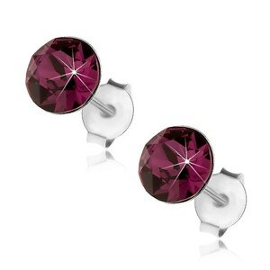 Strieborné 925 náušnice, okrúhly fialový krištáľ Swarovski, 6 mm