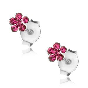 Strieborné náušnice 925, trblietavý kvietok z fuksiových krištálikov Swarovski