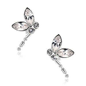 Strieborné náušnice 925, letiaca vážka, číre krištále Swarovski, visiaci chvost