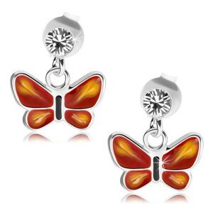 Strieborné 925 náušnice, číry krištálik Swarovski, červeno-ružový motýlik