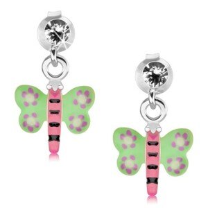 Puzetové náušnice, striebro 925, farebný motýlik, číry krištálik Swarovski