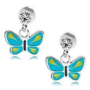 Strieborné 925 náušnice, číry krištálik Swarovski, modro-žltý motýlik