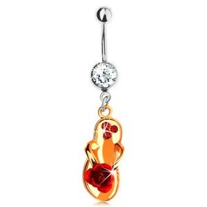 Piercing do brucha z ocele 316L, topánka zlatej farby, červená ruža, zirkóny