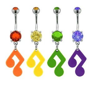 Piercing do pupku - hudobná nota so zirkónom v rôznych farbách - Farba zirkónu: Oranžová - O